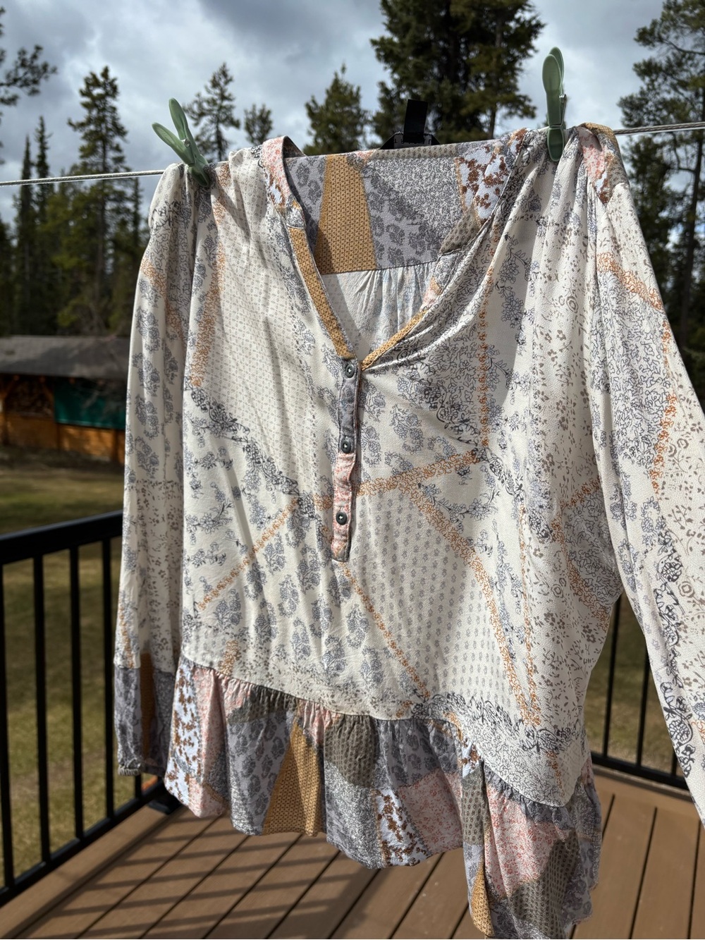 Tribal Cream, Gray & Mustard Patchwork V-Neck Blouse - Picture 2 of 3
